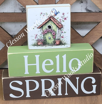 Hello Spring Wood Block Stack Easter Birdhouse