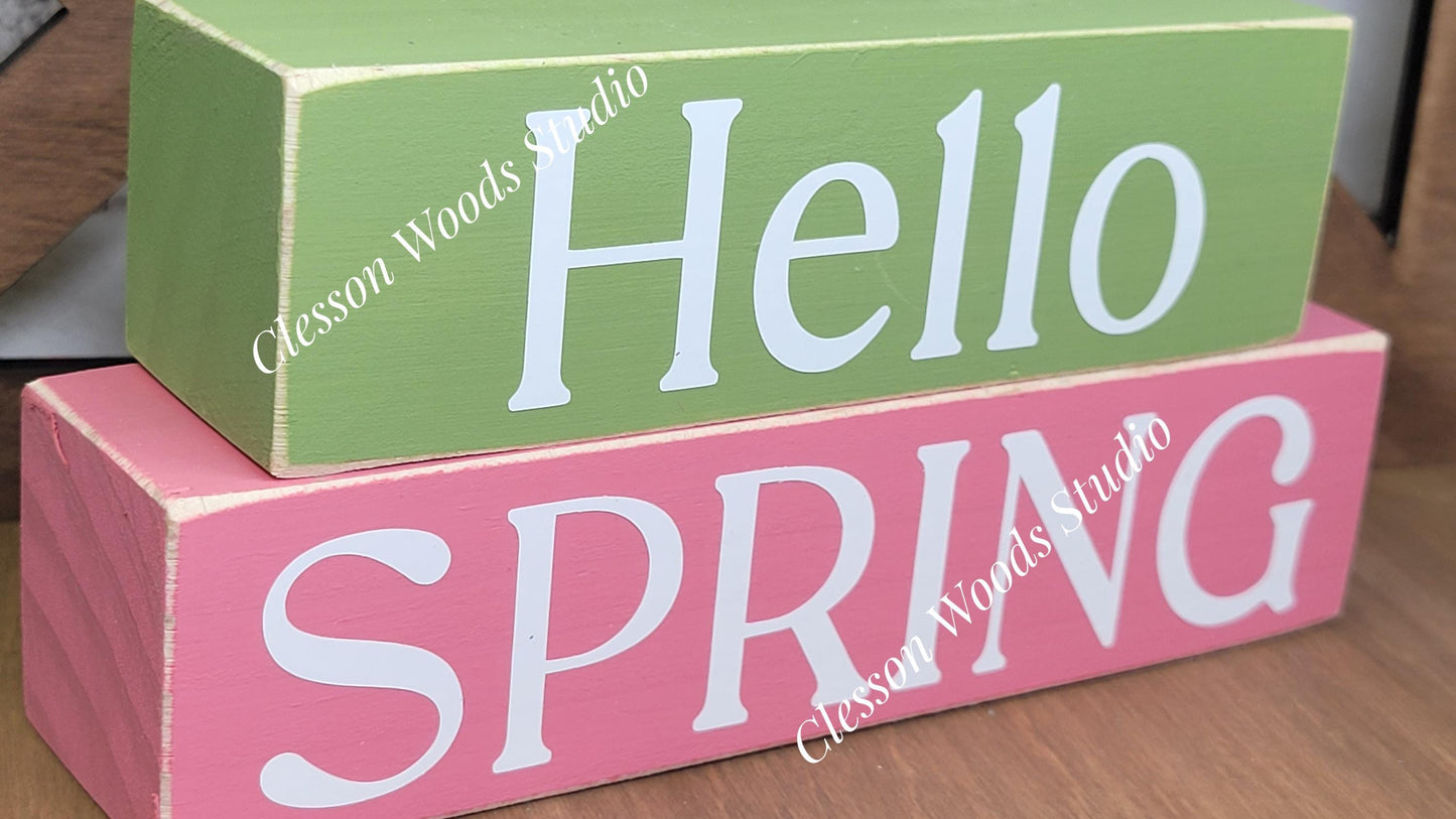 Hello Spring Wood Block Stack Bird on Books