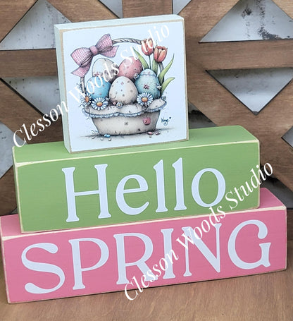 Hello Spring Wood Block Stack Easter Basket of Eggs