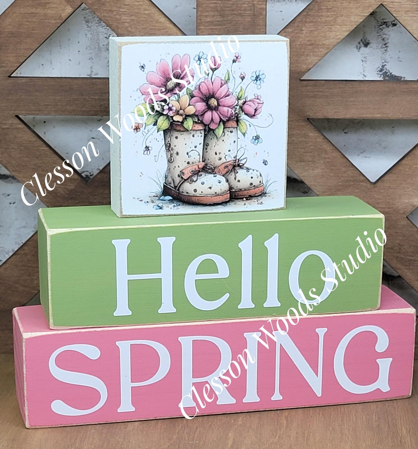 Hello Spring Wood Block Stack Spring Boots with Flowers