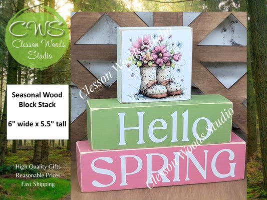 Hello Spring Wood Block Stack Spring Boots with Flowers