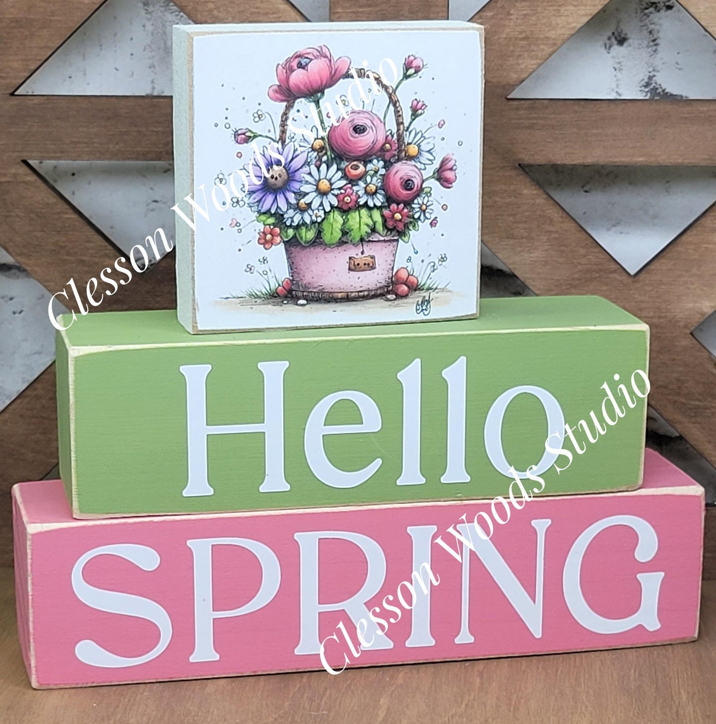Hello Spring Wood Block Stack Flowers Pink Basket