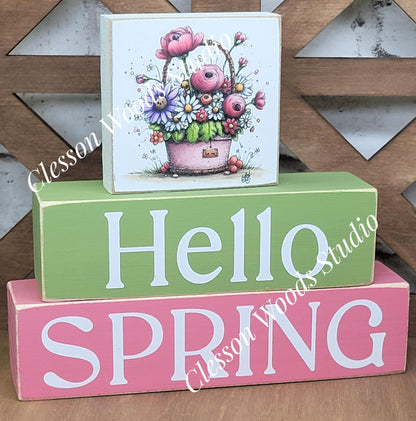 Hello Spring Wood Block Stack Flowers Pink Basket