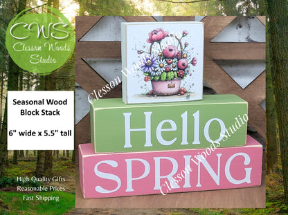 Hello Spring Wood Block Stack Flowers Pink Basket