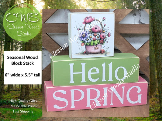 Hello Spring Wood Block Stack Flowers Pink Basket