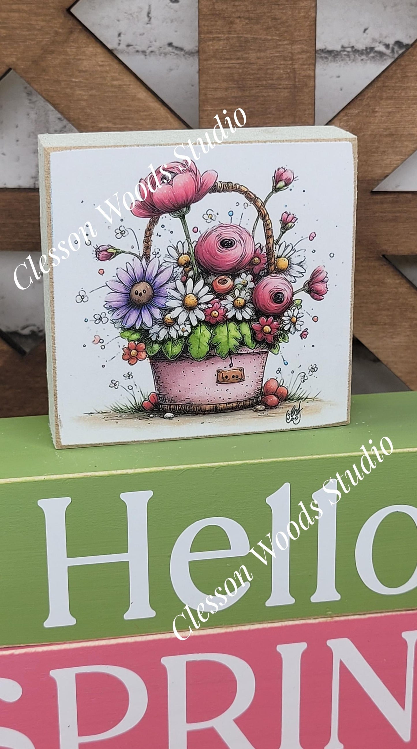 Hello Spring Wood Block Stack Flowers Pink Basket