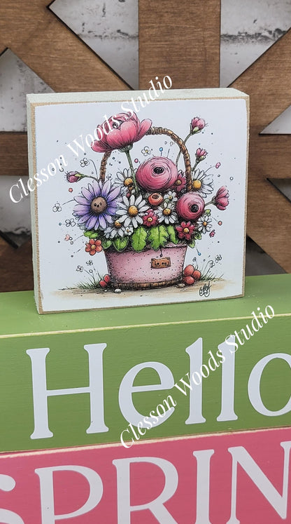 Hello Spring Wood Block Stack Flowers Pink Basket