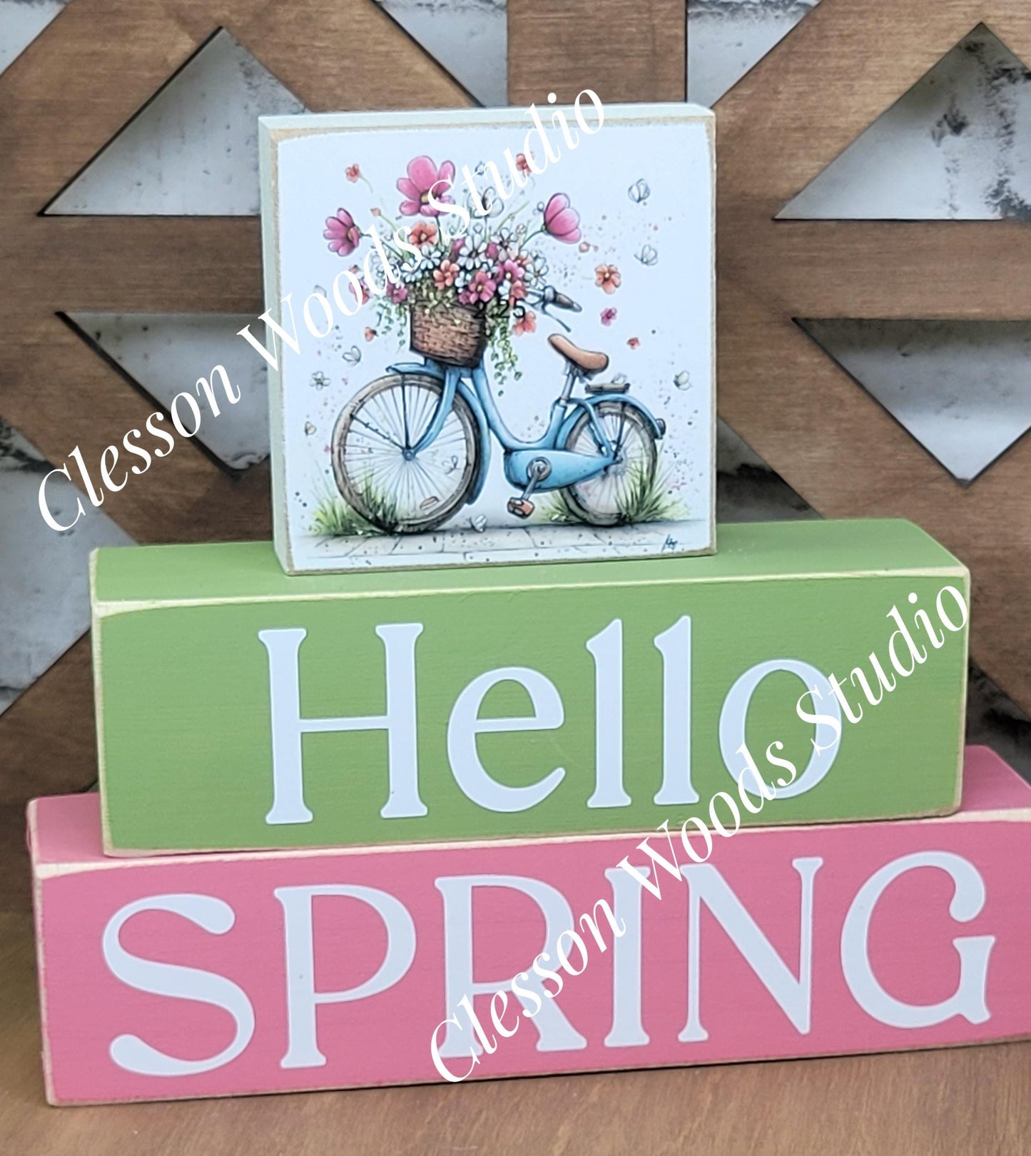 Hello Spring Wood Block Stack Bicycle Basket of Flowers