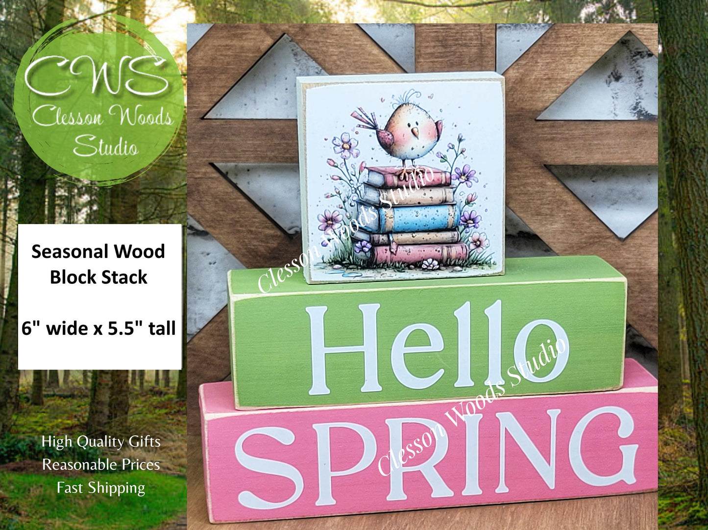 Hello Spring Wood Block Stack Bird on Books