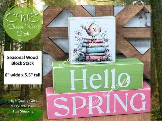 Hello Spring Wood Block Stack Bird on Books