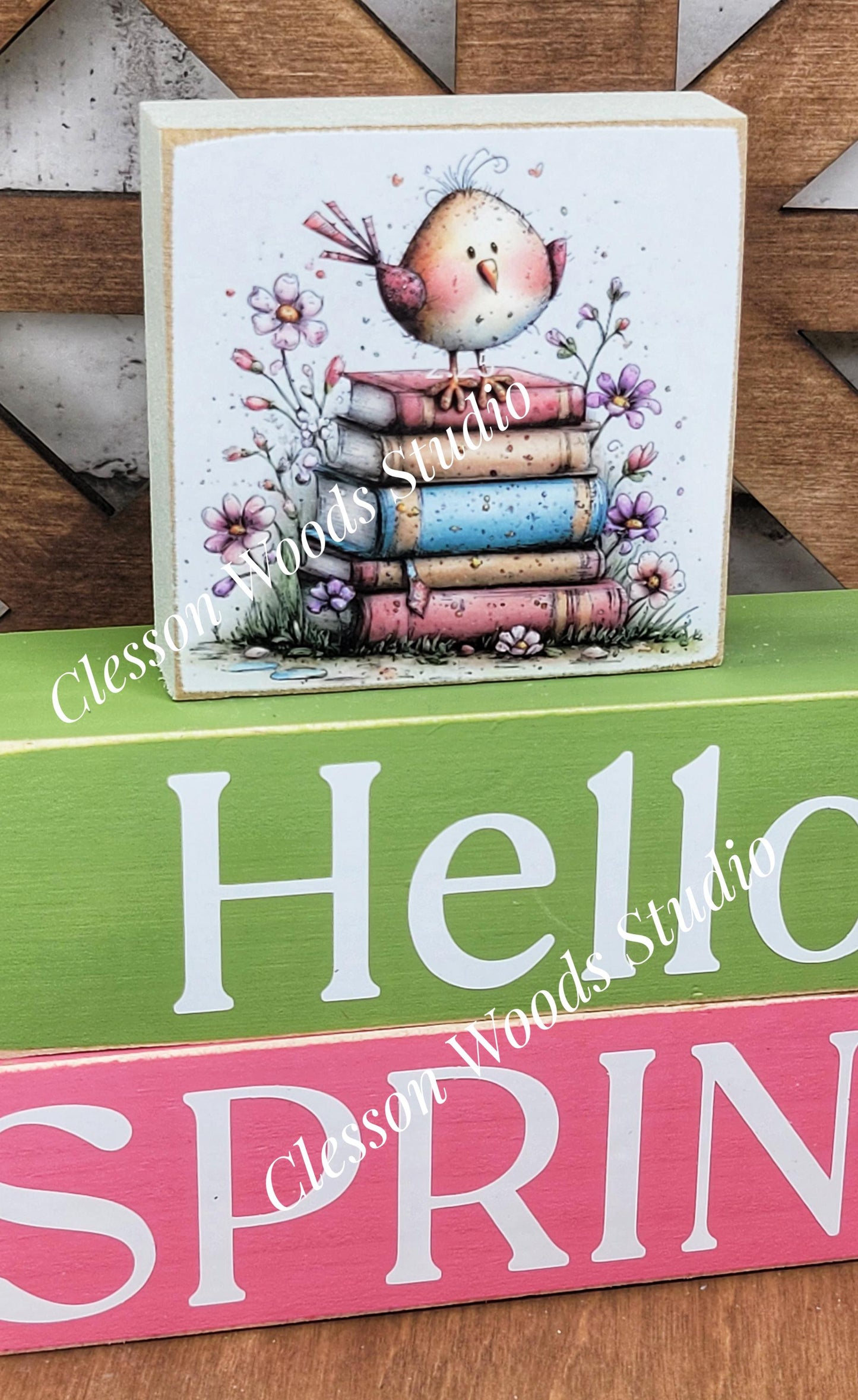 Hello Spring Wood Block Stack Bird on Books