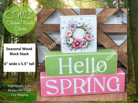 Hello Spring Wood Block Stack Flower Wreath