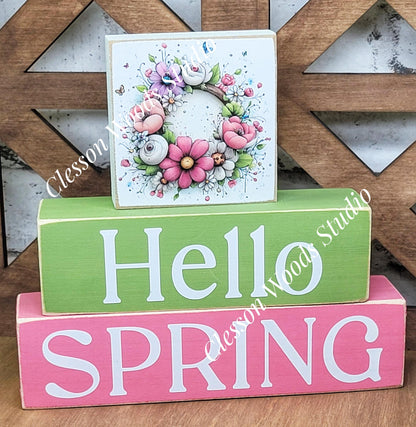 Hello Spring Wood Block Stack Flower Wreath