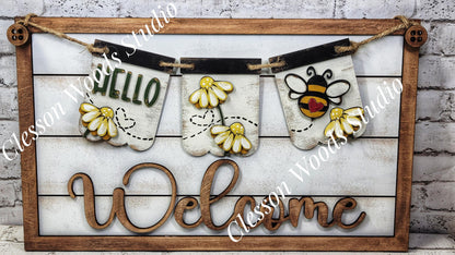 Hello Bee - Seasonal Interchangeable Banner Set for Fence & Framed Welcome and Hello Signs