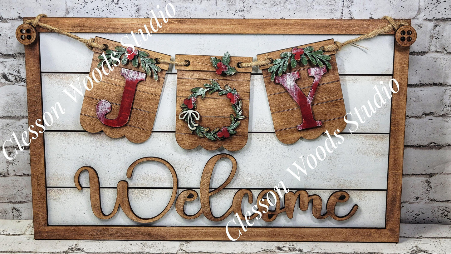 Christmas Wreath Joy - Seasonal Interchangeable Banner Set for Fence & Framed Welcome and Hello Signs