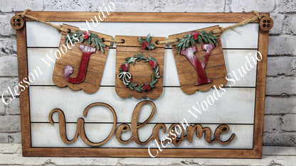 Christmas Wreath Joy - Seasonal Interchangeable Banner Set for Fence & Framed Welcome and Hello Signs