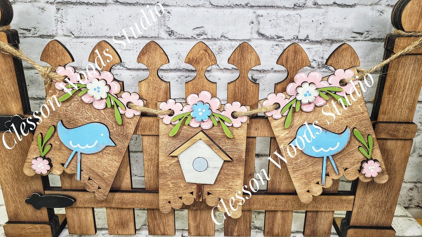 Spring Birdhouse Bluebird- Seasonal Interchangeable Banner Set for Fence & Framed Welcome and Hello Signs