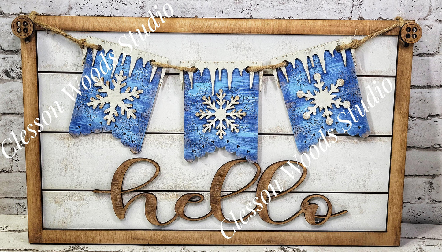 Winter Snowflakes - Seasonal Interchangeable Banner Set for Fence & Framed Welcome and Hello Signs
