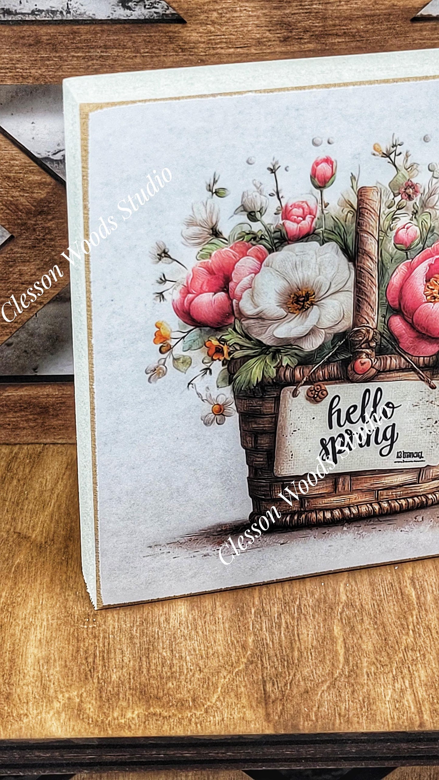 Hello Spring Flower Basket 1 Wood Block Sign