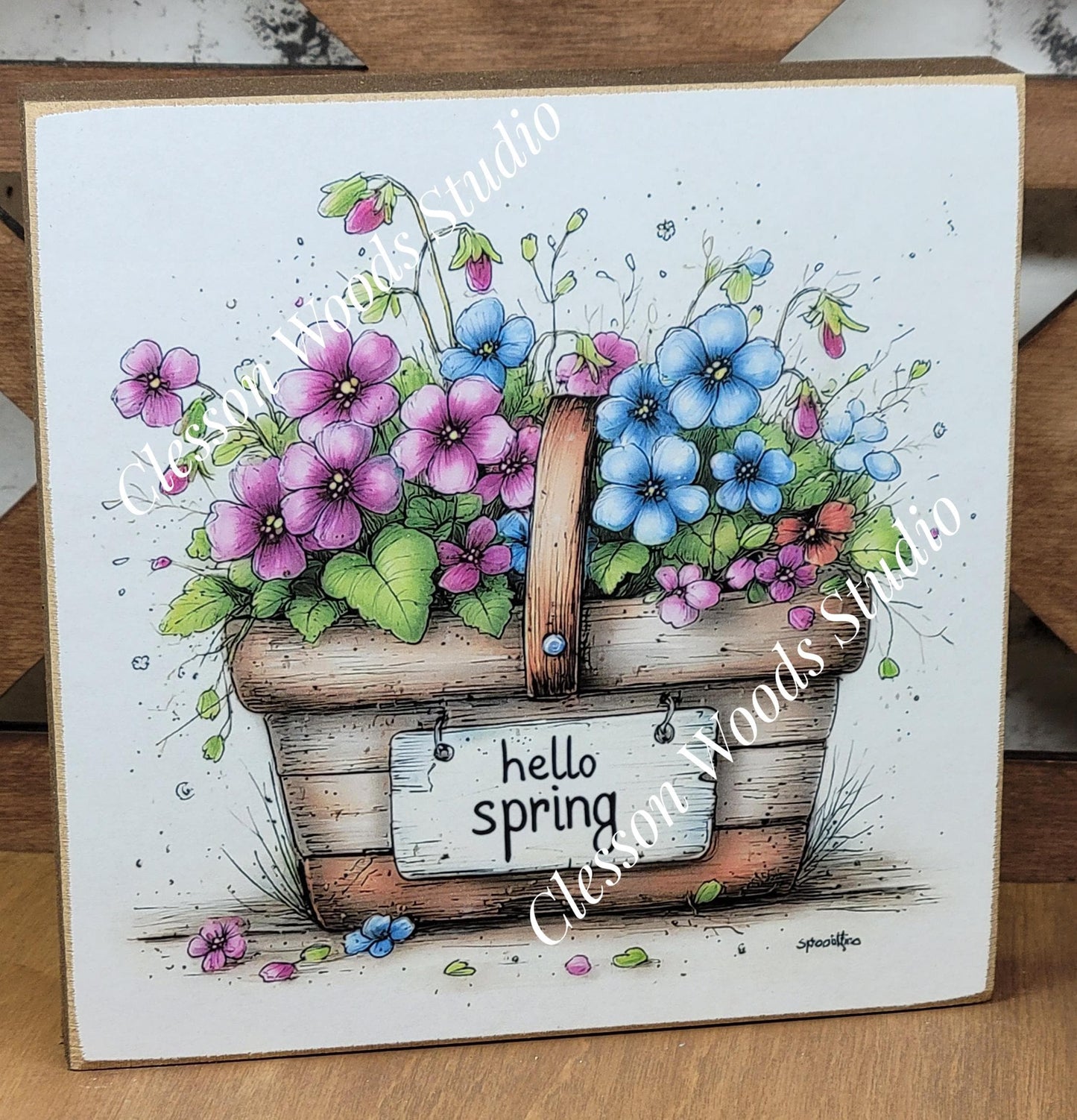 Hello Spring Flower Basket 2 Wood Block Sign