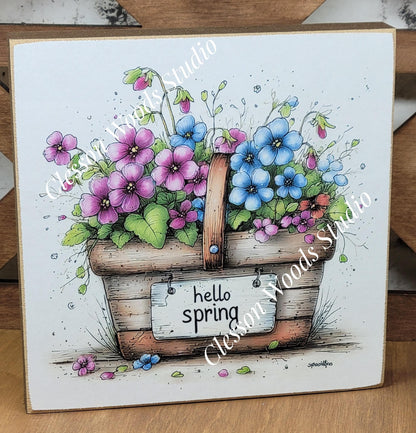 Hello Spring Flower Basket 2 Wood Block Sign