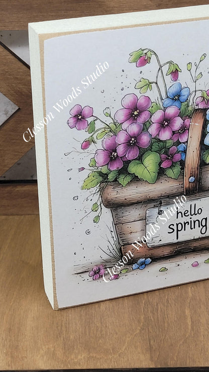 Hello Spring Flower Basket 2 Wood Block Sign