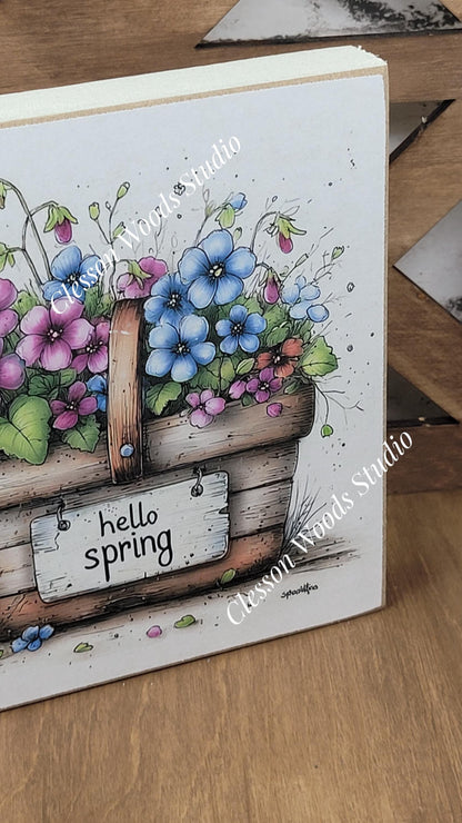 Hello Spring Flower Basket 2 Wood Block Sign
