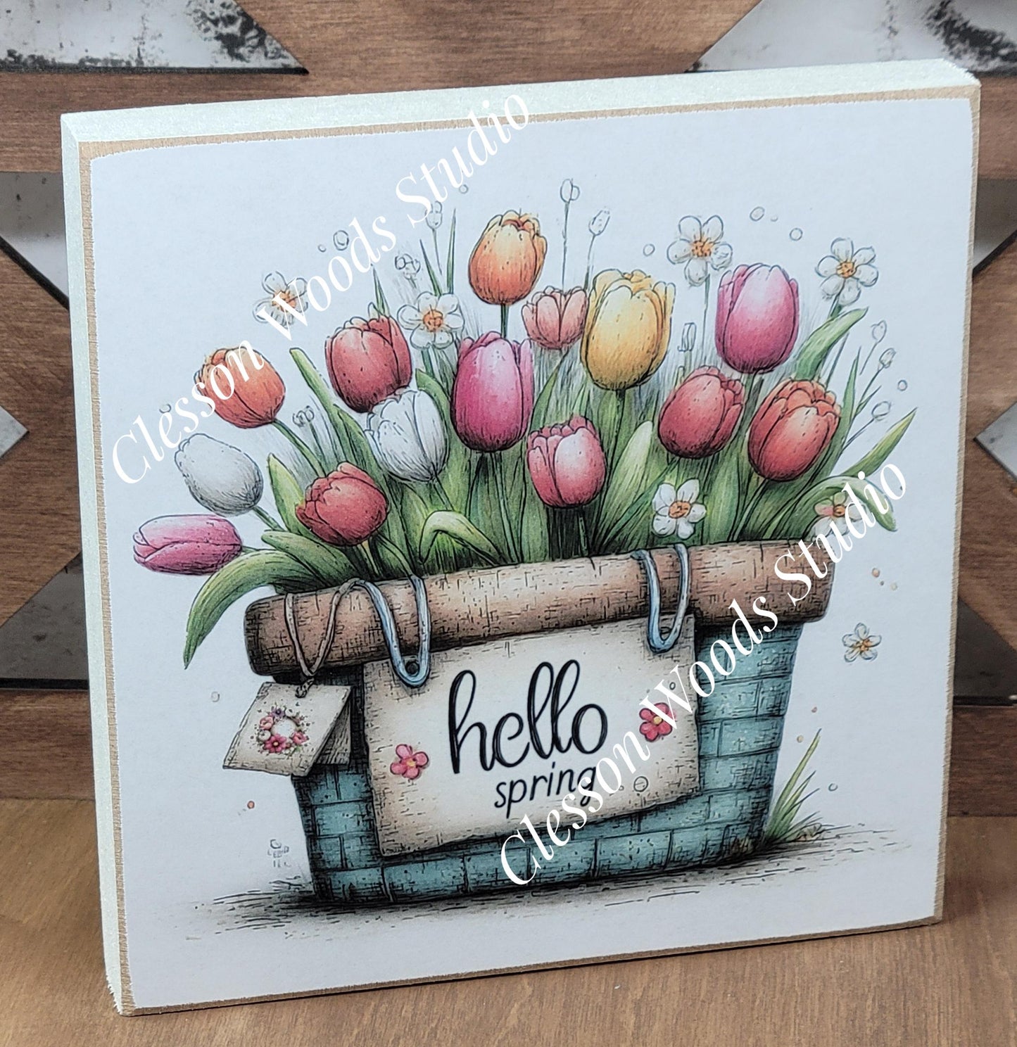 Hello Spring Flower Basket 3 Wood Block Sign