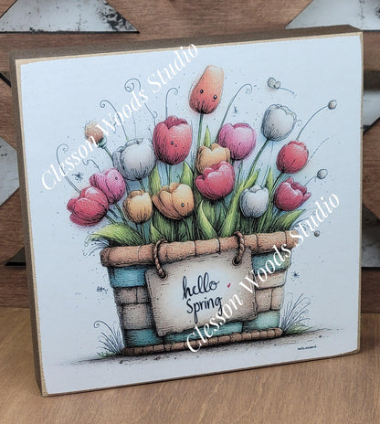 Hello Spring Flower Basket 4 Wood Block Sign