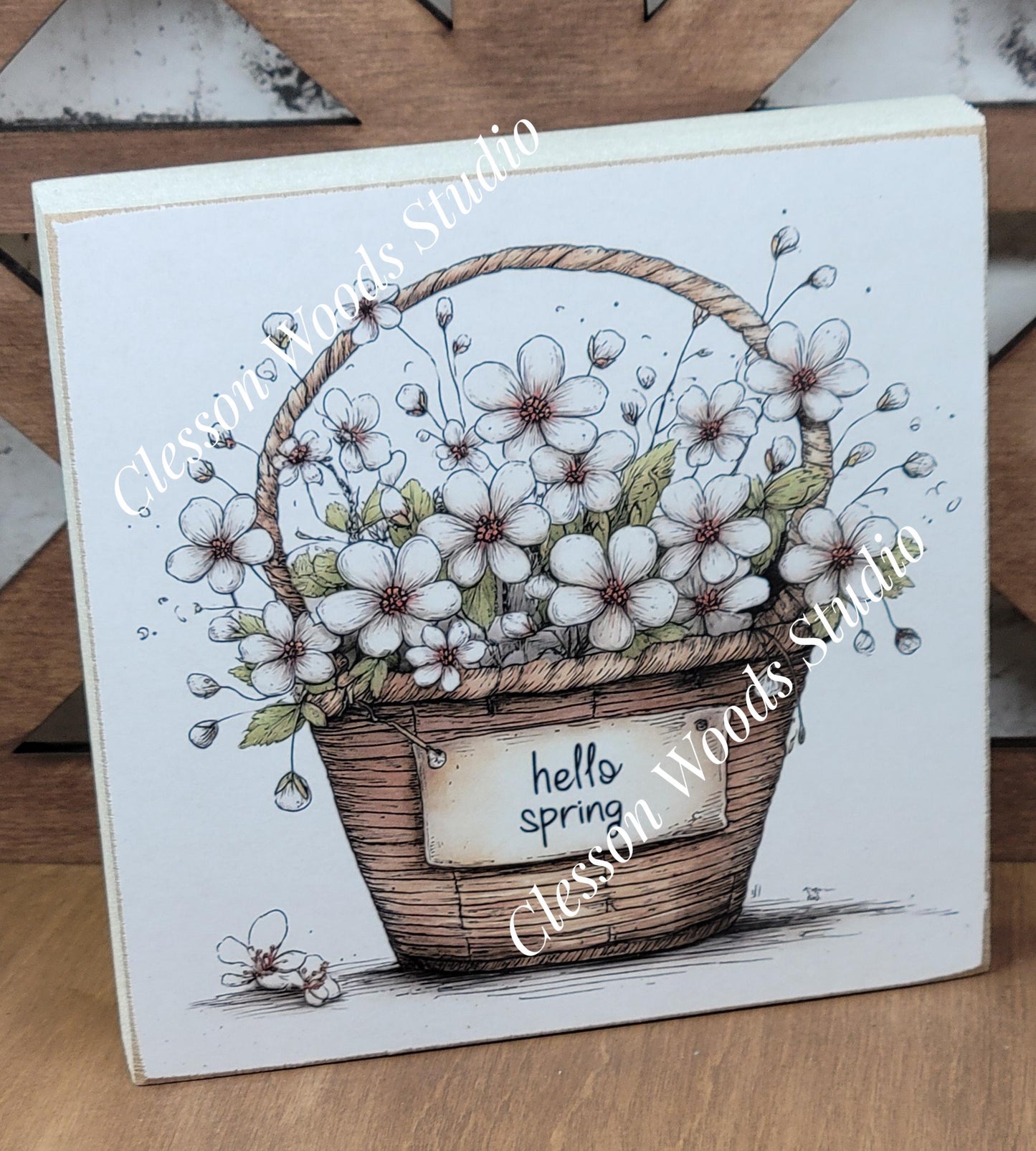 Hello Spring Flower Basket 5 Wood Block Sign
