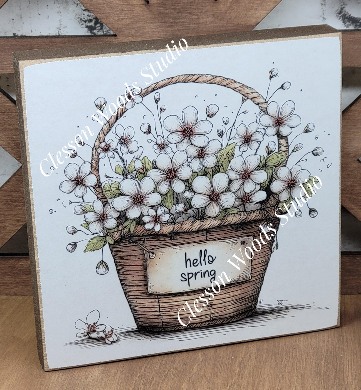 Hello Spring Flower Basket 5 Wood Block Sign