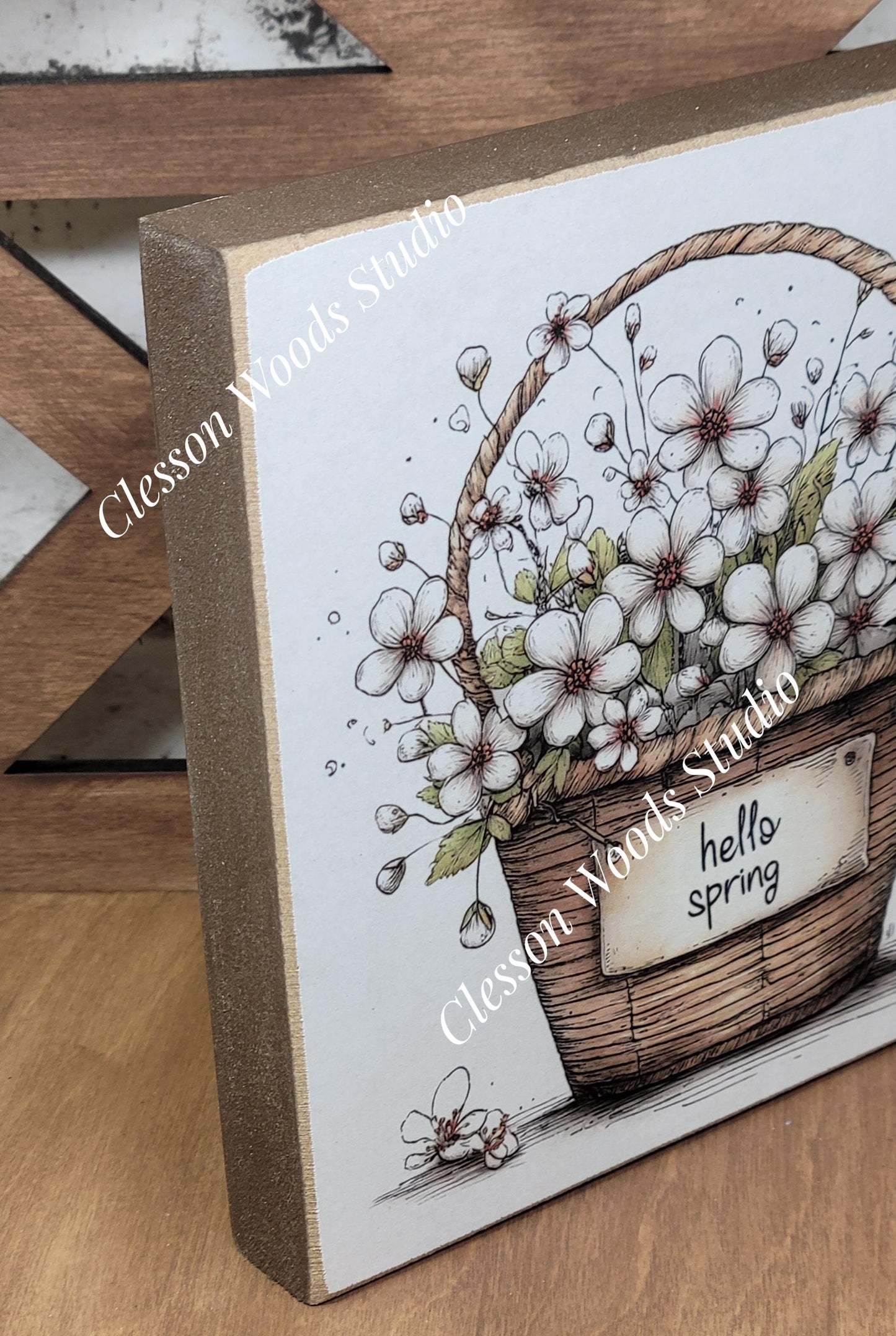 Hello Spring Flower Basket 5 Wood Block Sign