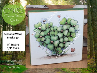 St Patrick's Day Shamrock Heart 2 Wood Block Sign