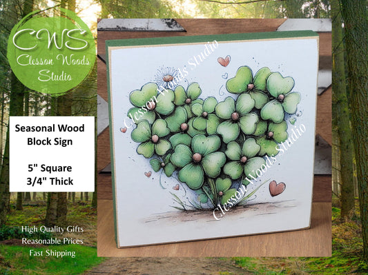 St Patrick's Day Shamrock Heart 2 Wood Block Sign