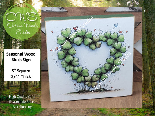 St Patrick's Day Shamrock Heart Wood Block Sign