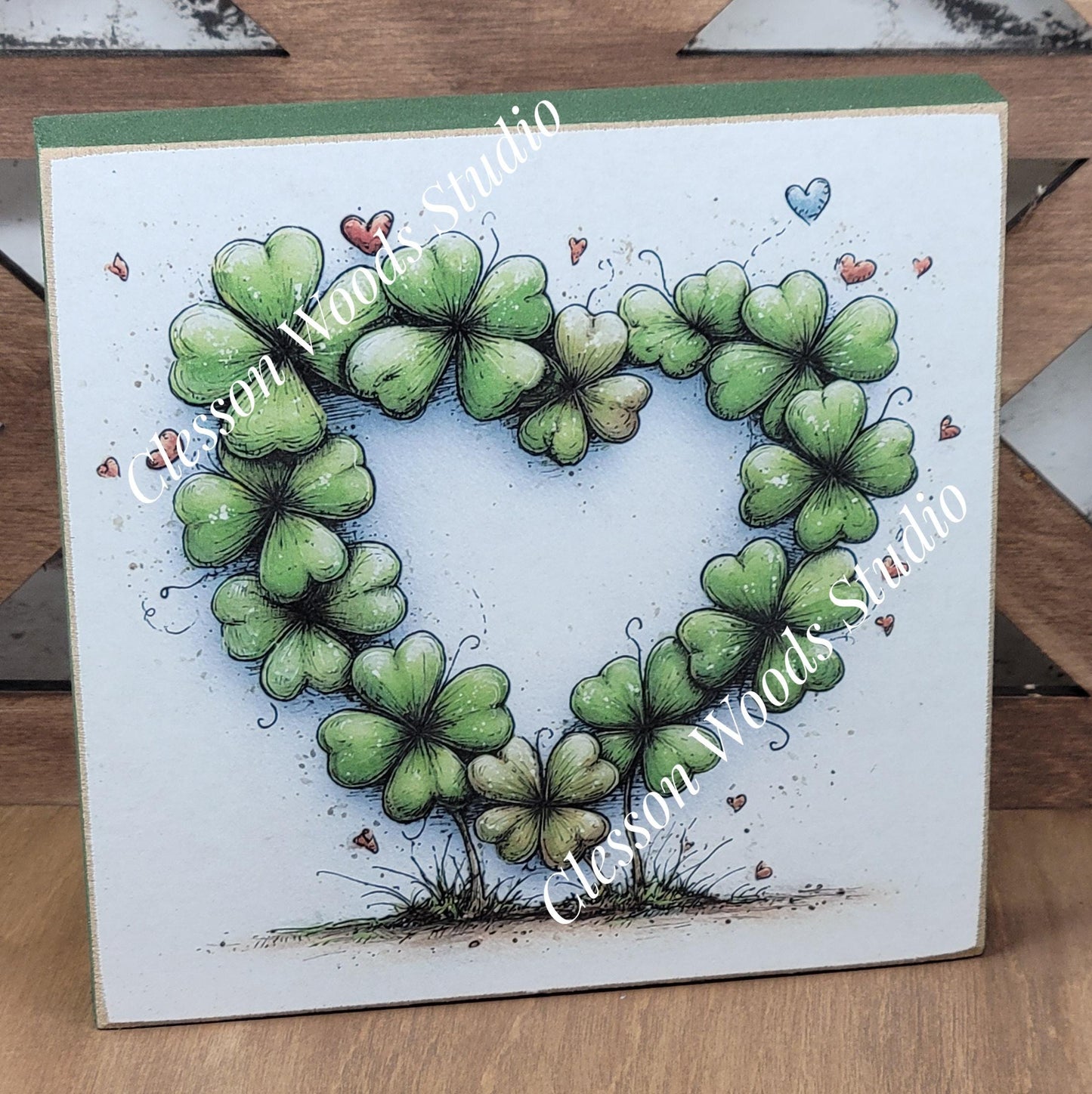 St Patrick's Day Shamrock Heart Wood Block Sign