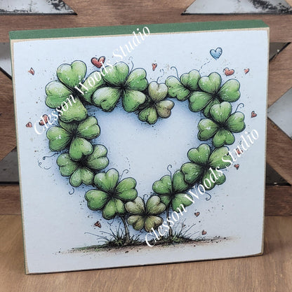 St Patrick's Day Shamrock Heart Wood Block Sign