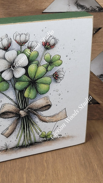 St Patrick's Day Shamrock Bouquet Wood Block Sign