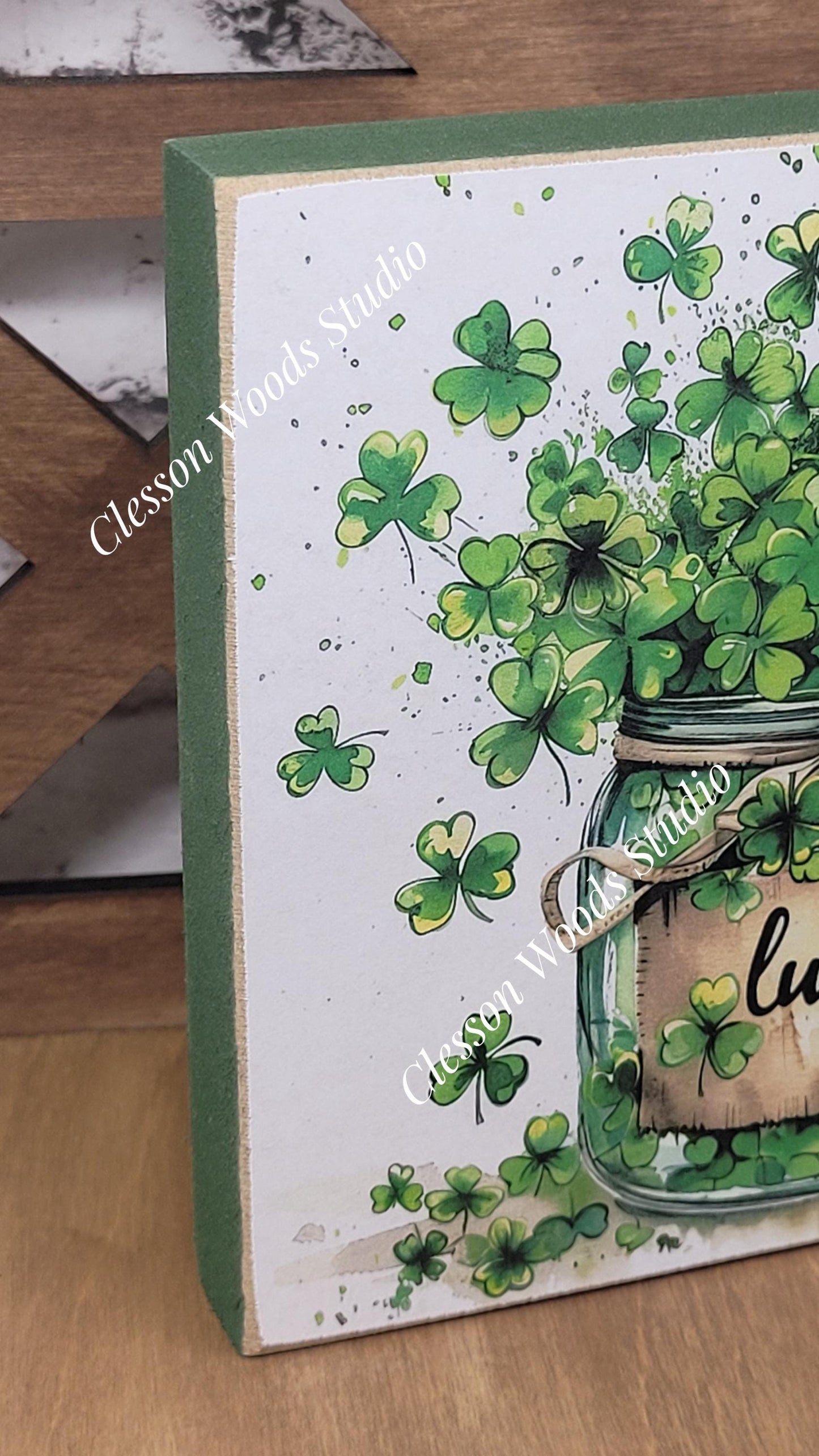 St Patrick's Day Jar of Shamrocks Lucky Wood Block Sign
