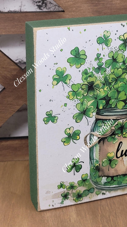 St Patrick's Day Jar of Shamrocks Lucky Wood Block Sign