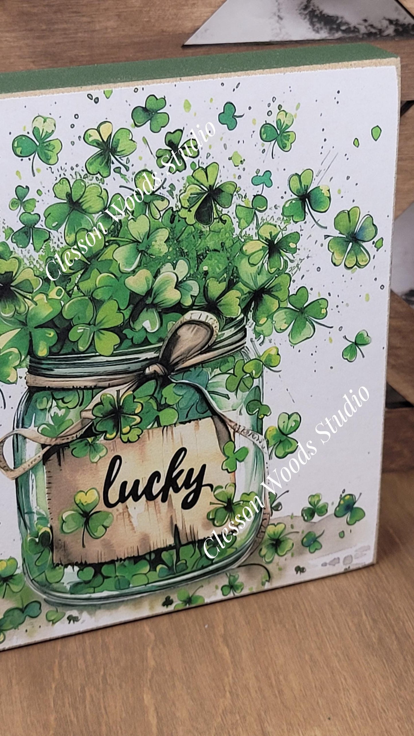 St Patrick's Day Jar of Shamrocks Lucky Wood Block Sign
