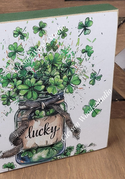 St Patrick's Day Lucky Jar of Shamrocks Wood Block Sign