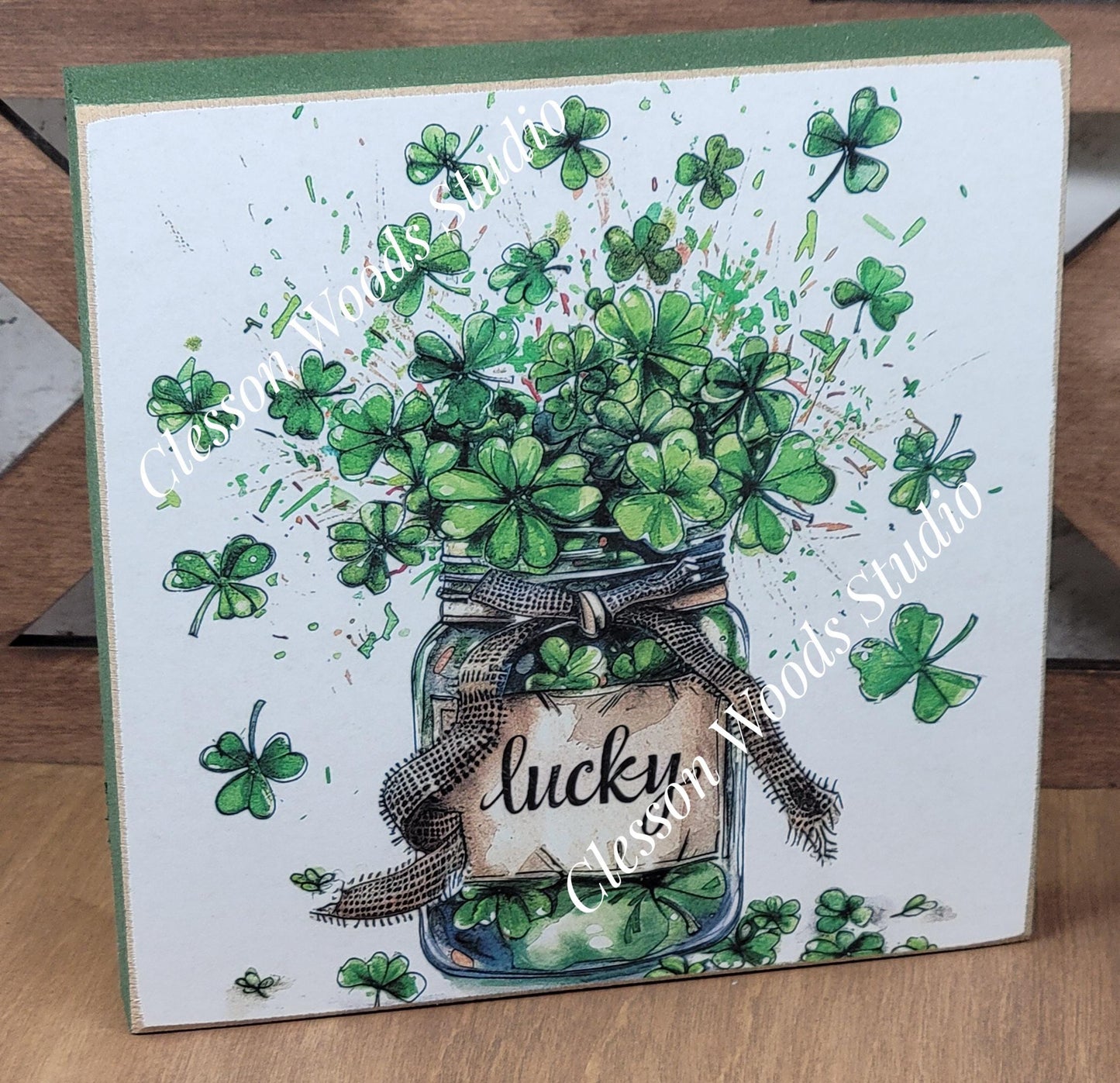 St Patrick's Day Lucky Jar of Shamrocks Wood Block Sign