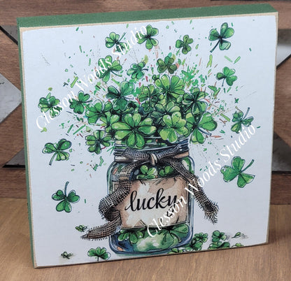 St Patrick's Day Lucky Jar of Shamrocks Wood Block Sign