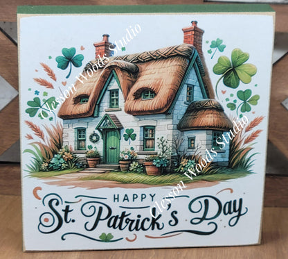St Patrick's Day Cottage Wood Block Sign