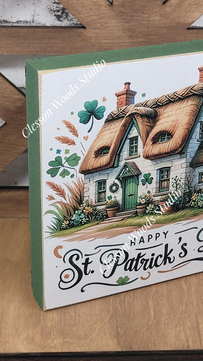 St Patrick's Day Cottage Wood Block Sign