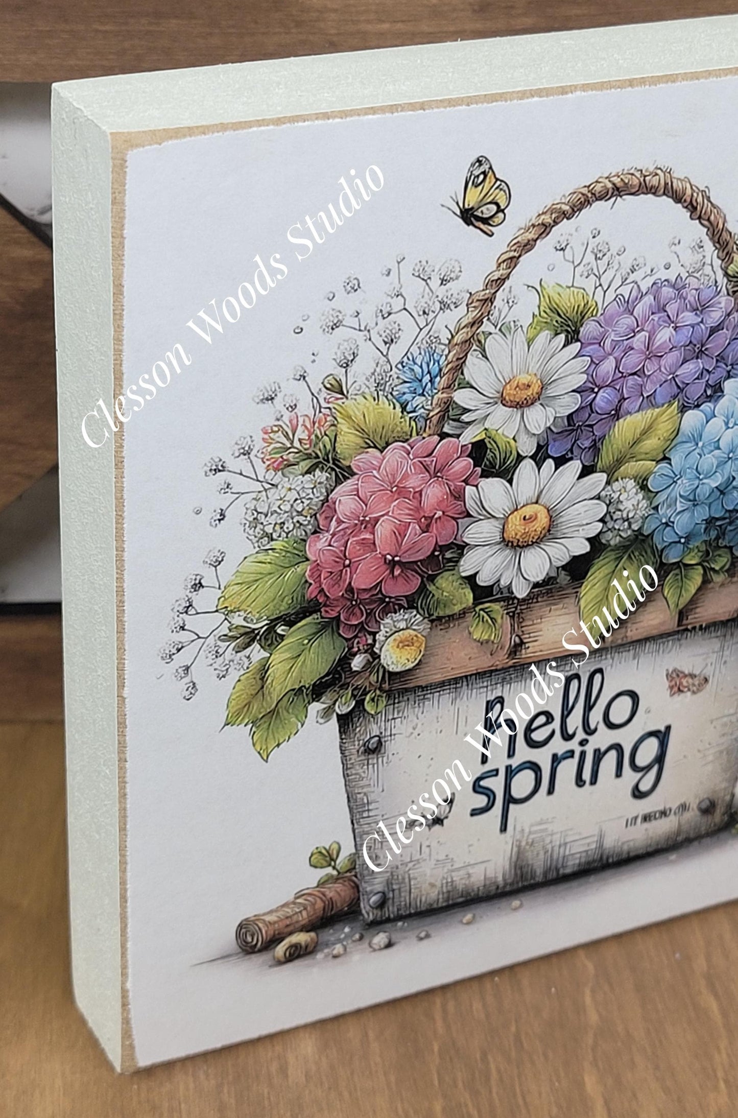 Hello Spring Flower Basket 6 Wood Block Sign