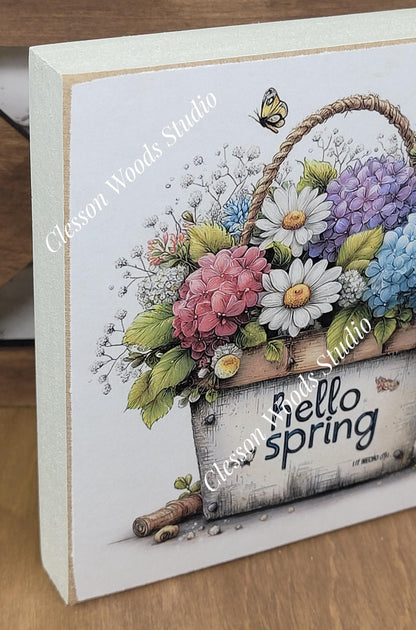 Hello Spring Flower Basket 6 Wood Block Sign