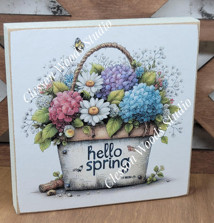 Hello Spring Flower Basket 6 Wood Block Sign