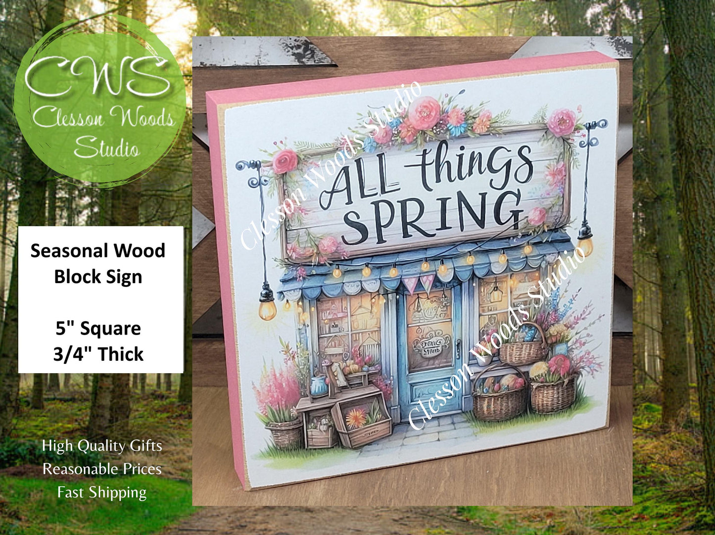 Spring Shops Collection #4 Wood Block Sign